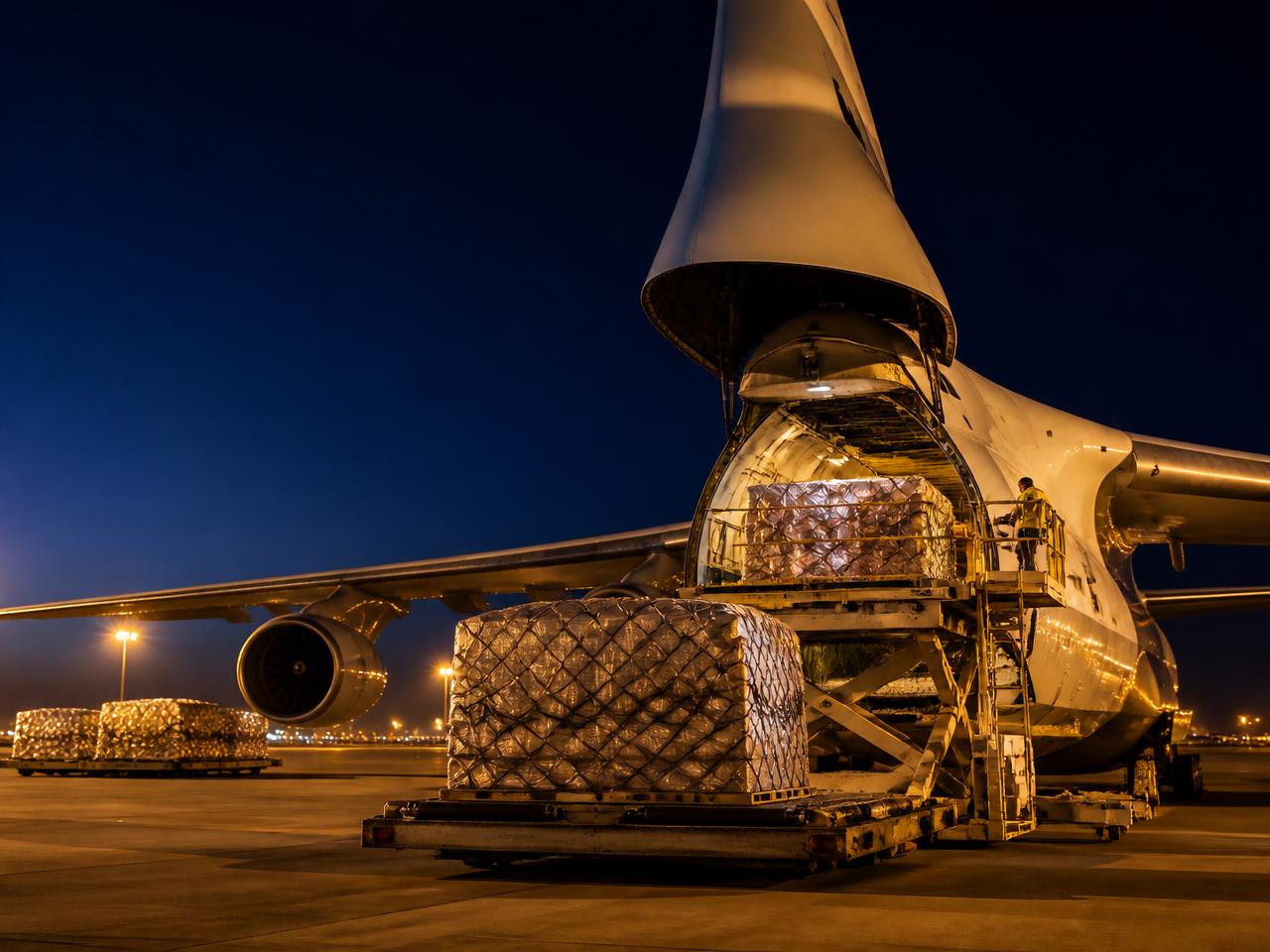 Avión de carga siendo cargado de noche con pallets de flete aéreo